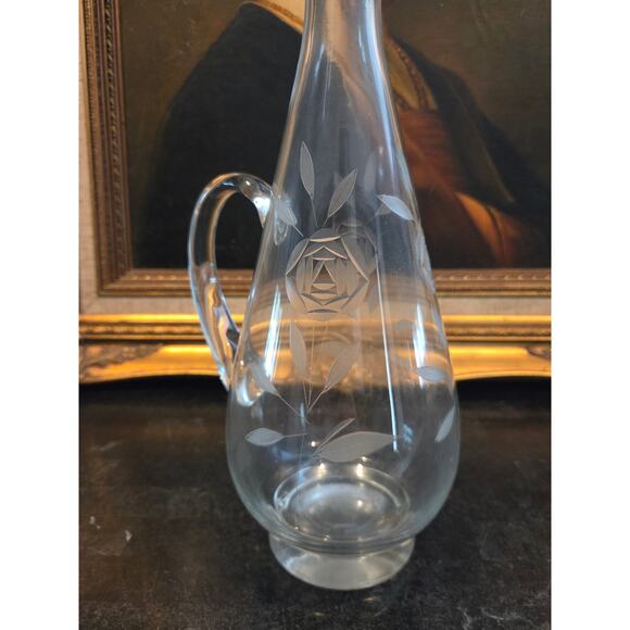 Vintage 1950s Romanian Etched Glass Decanter 17" w/ Stopper Floral Design - Picture 7 of 9